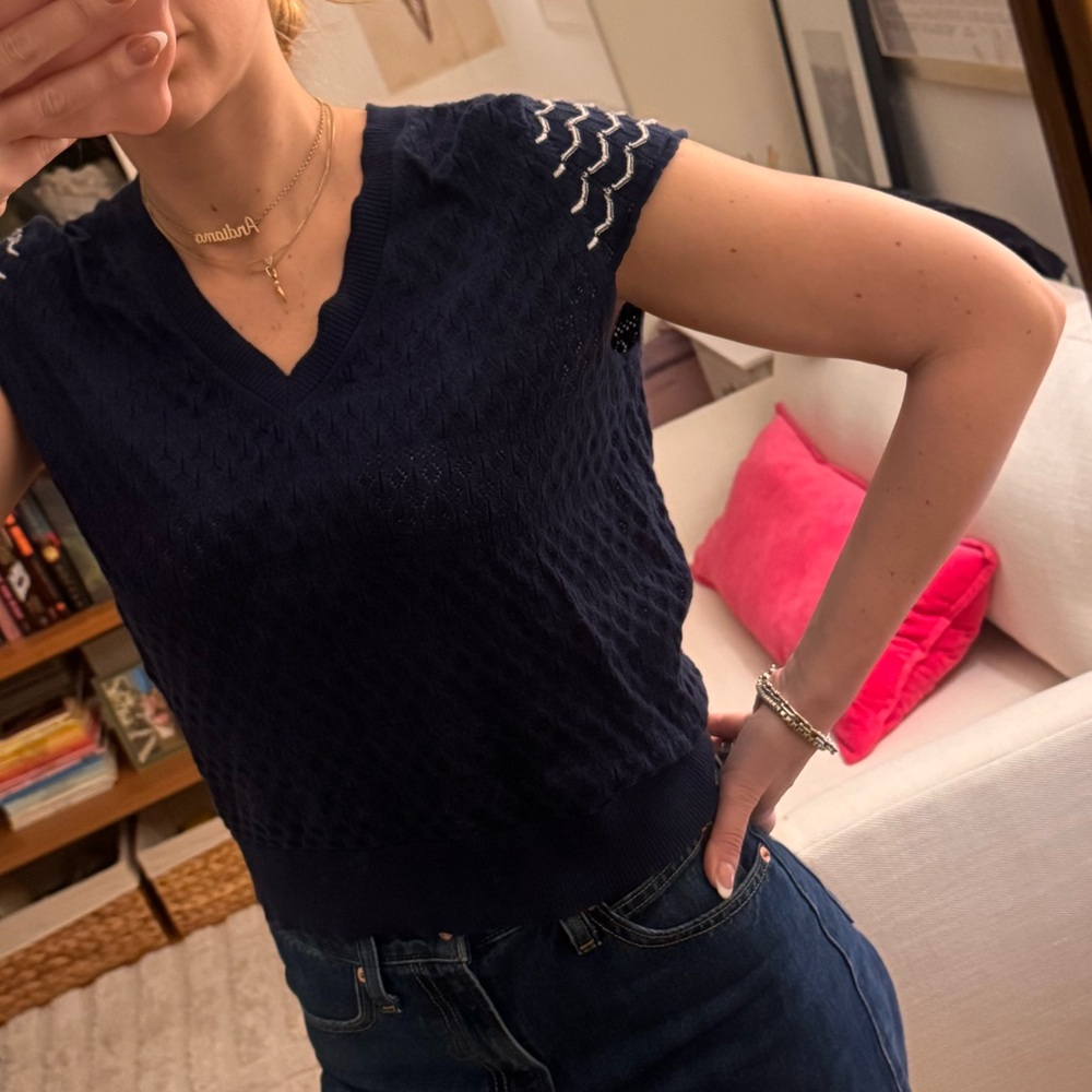Navy Embroidered Blue Women's Top